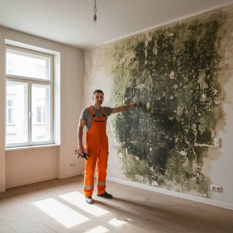 Entrümpelter Raum mit freiliegendem Schimmelbefall an der Wand